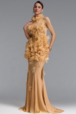 Load image into Gallery viewer, Rayna Elegant Contour High Neck Floral Mesh Beige Maxi Dress