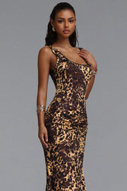 Evelina Sexy Contour Ruched Waist Sleeveless Leopard Print Knit Maxi Dress
