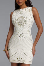 Load image into Gallery viewer, Habiba Chic Round Neck Sleeveless Gold Studded Geometric Pattern Tweed Beige Mini Dress