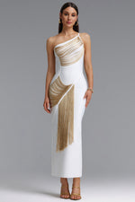 Load image into Gallery viewer, Roanna One Shoulder Sleeveless Golden Tassels Bandage White Maxi Dress