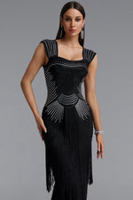 Load image into Gallery viewer, Hatice Square Neck Rhinestone Fringe Black Bandage Maxi Dress