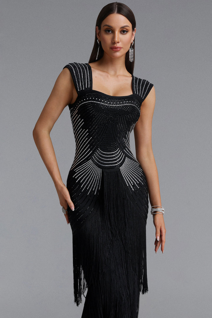 Hatice Square Neck Rhinestone Fringe Black Bandage Maxi Dress
