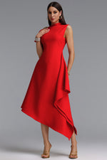 Load image into Gallery viewer, Weren Elegant Contour High Neck Asymmetric Red Maxi Dress