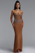 Load image into Gallery viewer, Scala Luxury Bandeau Ruched Rhinestone Maxi Dress