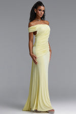 Load image into Gallery viewer, Slaia Minimalist Off Shoulder Diagonal Ruched Knit Yellow Maxi Dress
