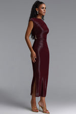 Load image into Gallery viewer, Denali Chic Contour Glitter Pleated Metal Decor Burgundy Maxi Dress