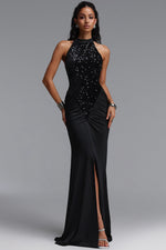 Load image into Gallery viewer, Octavia Elegant Contour Sleeveless Slit Sequin Woven Black Maxi Dress