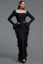 Load image into Gallery viewer, Mavis Elegant Luxurious Square Neck Long Sleeve Rhinestone Embellished Ruffle Bandage Maxi Dress