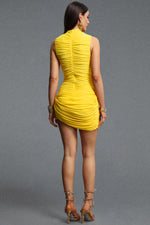 Load image into Gallery viewer, Zurri Romantic Contour Sleeveless Ruched Floral Mesh Yellow Mini Dress