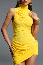 Load image into Gallery viewer, Zurri Romantic Contour Sleeveless Ruched Floral Mesh Yellow Mini Dress