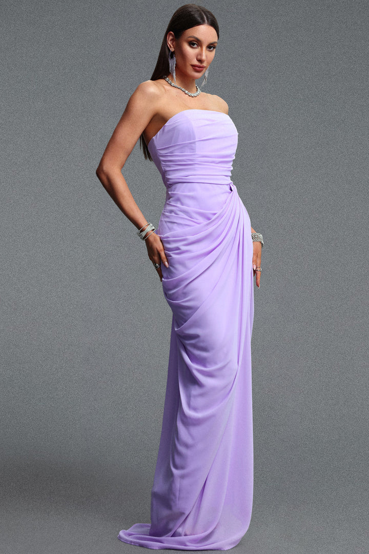 Tazeda Elegant Contour Strapless Ruched Mesh Purple Maxi Dress