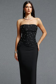 Yette Chic Contour Strapless Beaded Black Bandage Maxi Top and Skirt Set