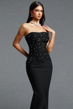 Load image into Gallery viewer, Yette Chic Contour Strapless Beaded Black Bandage Maxi Top and Skirt Set