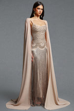 Load image into Gallery viewer, Ikara Elegant Spaghetti Strap Rhinestone Fringe Cape Bandage Maxi Dress