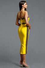 Load image into Gallery viewer, Lestie Minimalist Contour Straight Neck Gold Woven Bandage Yellow Midi Dress