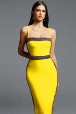 Load image into Gallery viewer, Lestie Minimalist Contour Straight Neck Gold Woven Bandage Yellow Midi Dress