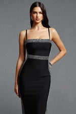 Load image into Gallery viewer, Lestie Minimalist Contour Straight Neck Silver Trim Woven Bandage Midi Dress