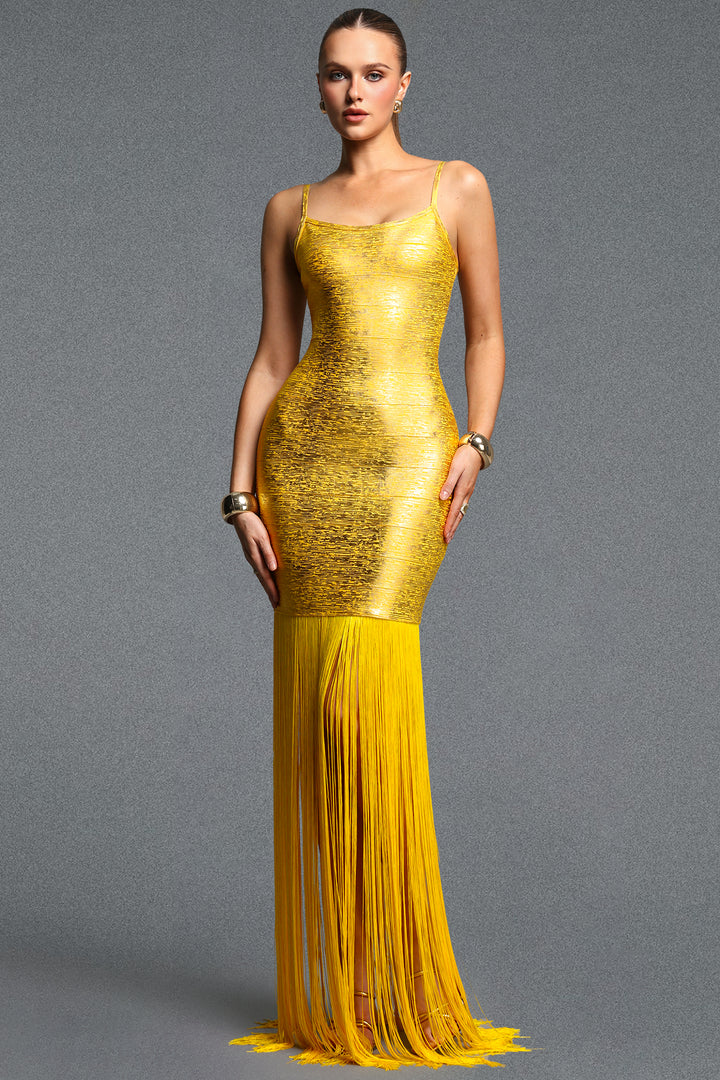 Labola Chic Contour Fringe Gold Bandage Maxi Dress