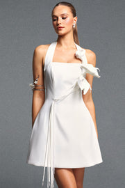 Veren Elegant Cinched Waist Halter Floral Pearl A Line Woven Mini Dress