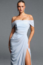Load image into Gallery viewer, Tazeda Elegant Contour Off Shoulder Ruched Slit Mesh Maxi Dress