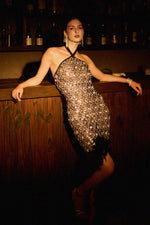 Load image into Gallery viewer, Raola Glamorous Contour Halter Rhinestone Sequin Feather Maxi Dress