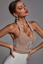 Load image into Gallery viewer, Cornelia Pearl Halter Bandage Dress - Beige - Bellabarnett