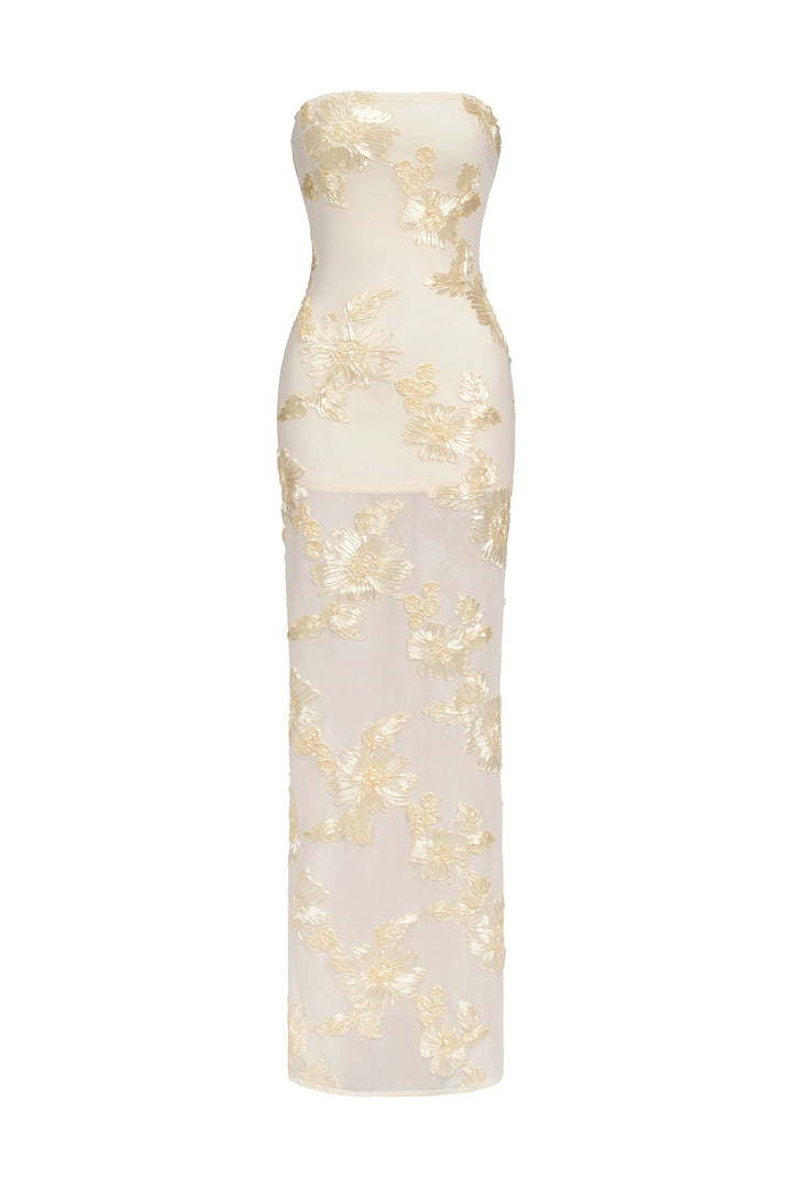 Deliyn Strapless Embroidery Flr Mesh Maxi Dress