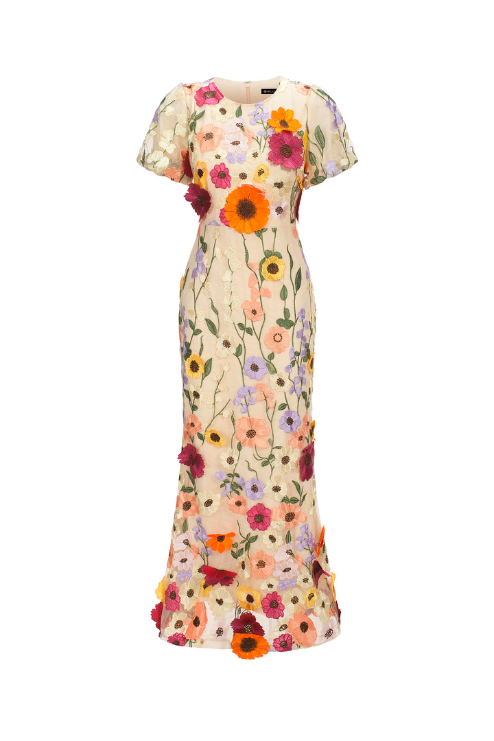 Naya Short Sleeve Round Neck Flrs Fishtail Midi Dress