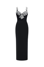 Load image into Gallery viewer, Lila Elegant Contour Spaghetti Strap V Neck Large Leaf Rhinestone Bandage Midi Dress